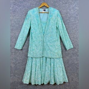 Carina Vintage Sequined‎ Beaded Dress Set 2 Piece Size L Turquoise Event Formal